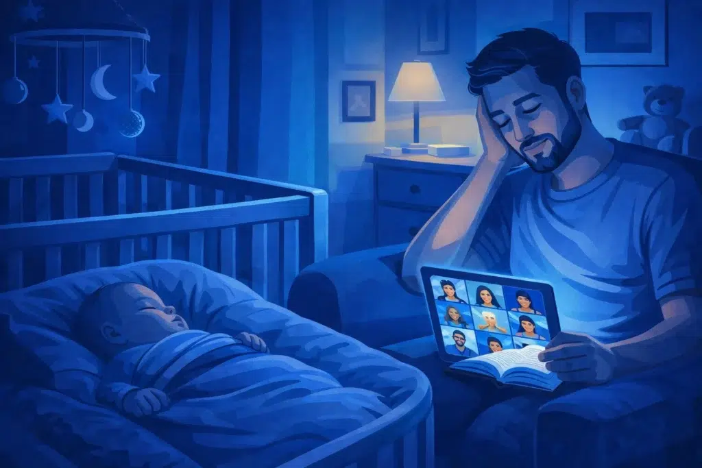 A man on an online bible study while his baby sleeps in a crib