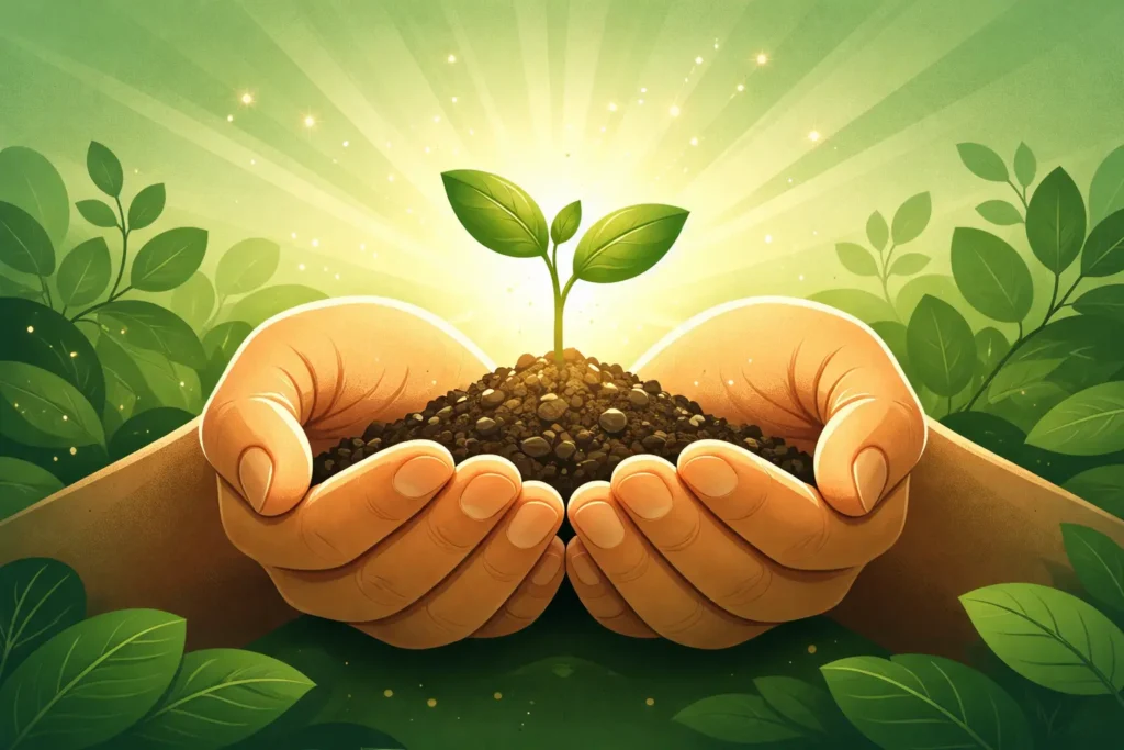 Hands holding a seedling to nurse it's life